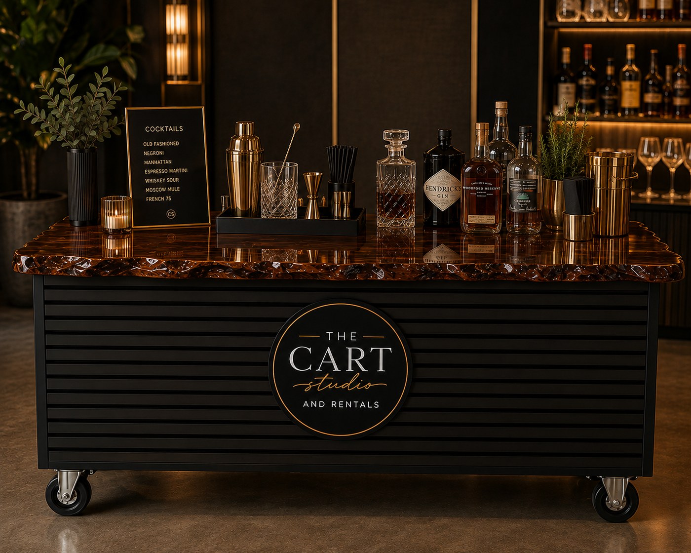 Cart set up as a cocktail bar