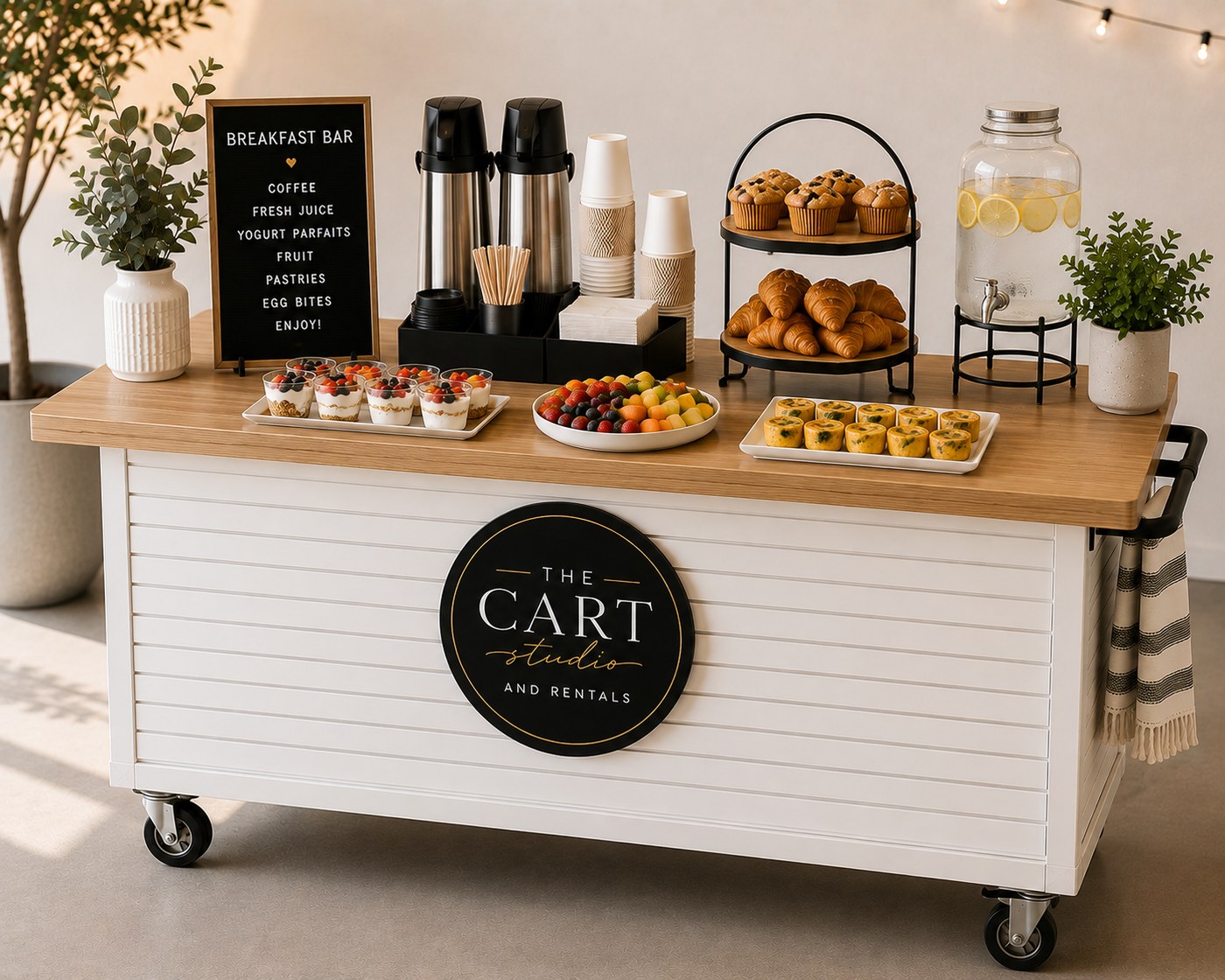 Cart set up as a breakfast bar