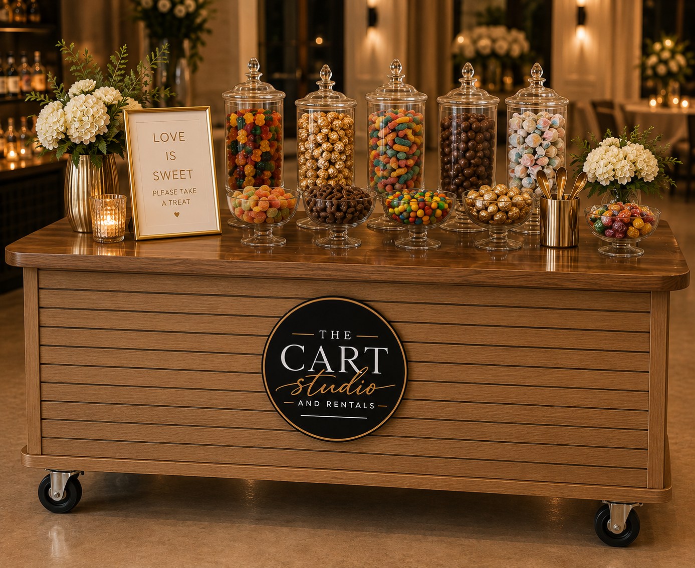 Cart set up as a candy bar