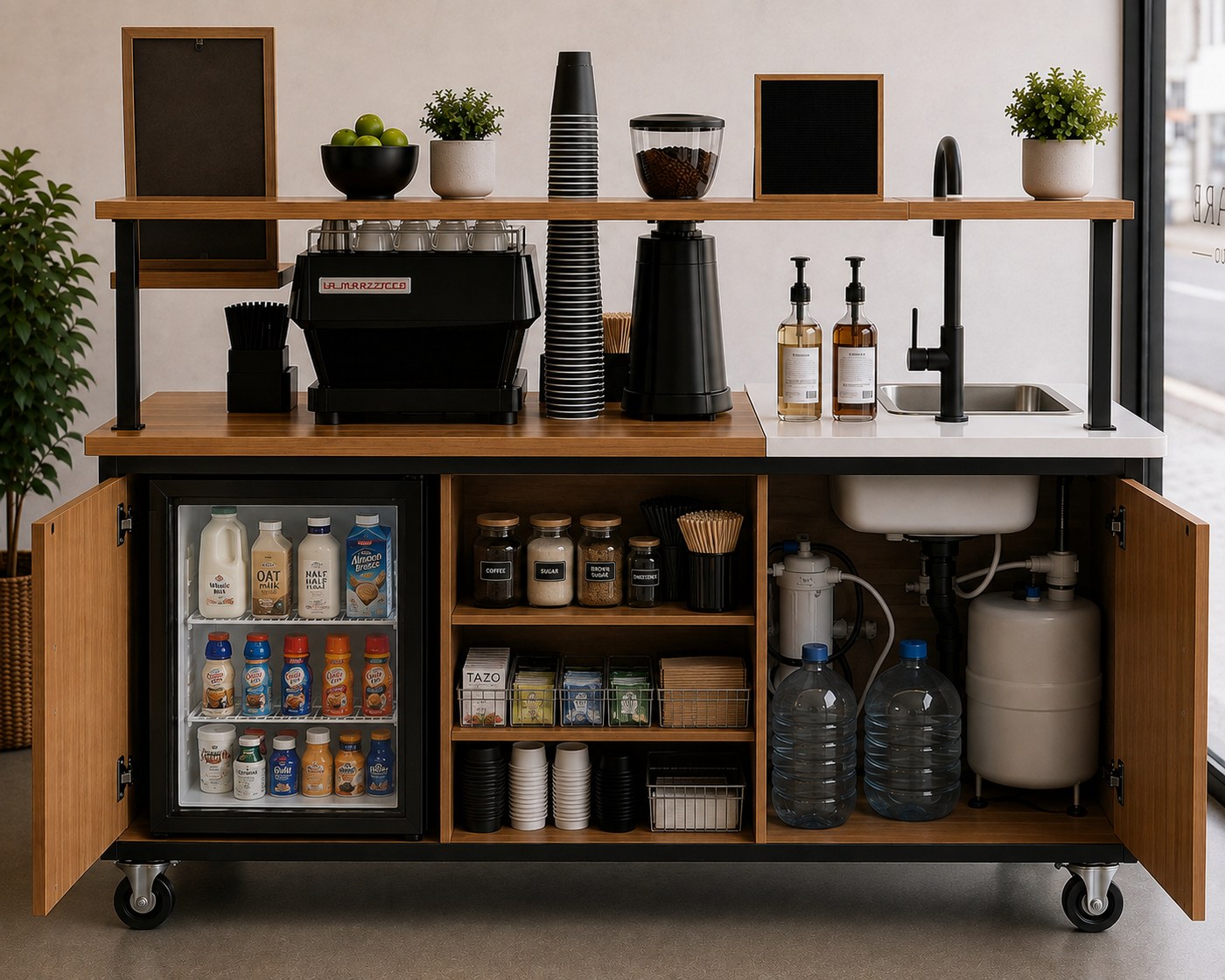 Espresso cart with cabinets open, showing storage and plumbing