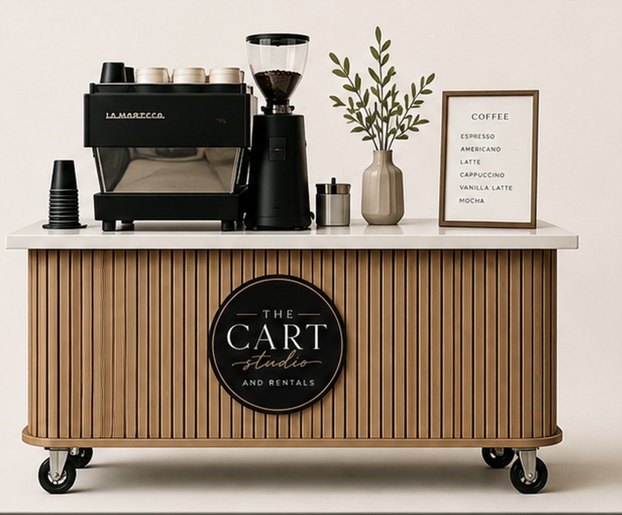 The Cart Studio espresso cart, fluted wood with a stone top